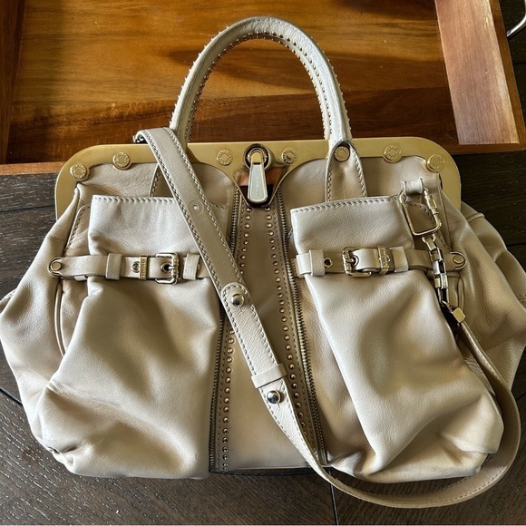 Authentic Versace Beige Leather Studded Frame Satchel with Shoulder Strap - Picture 3 of 16